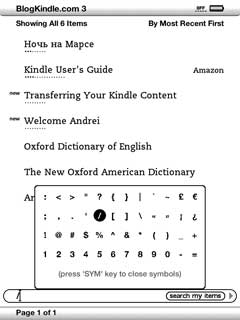 Kindle 3 Symbols Menu